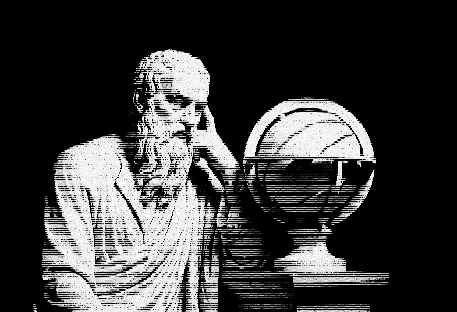 Scanline study of a classical scholar, hand at his temple, studying an armillary sphere.